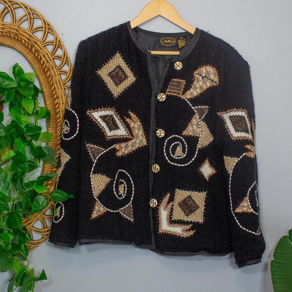 Vtg Black Cardigan Beaded Sequin Geometric Statement Sweater | Dark Autumn - Picture 1 of 9